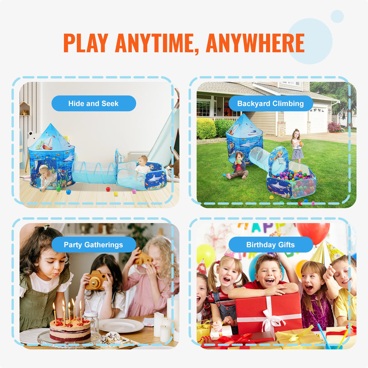 Kids Play Tent | 3-in-1 Tunnel & Playhouse with Basketball Hoop | Ocean Theme Indoor/Outdoor Set