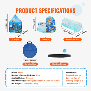 Kids Play Tent | 3-in-1 Tunnel & Playhouse with Basketball Hoop | Ocean Theme Indoor/Outdoor Set