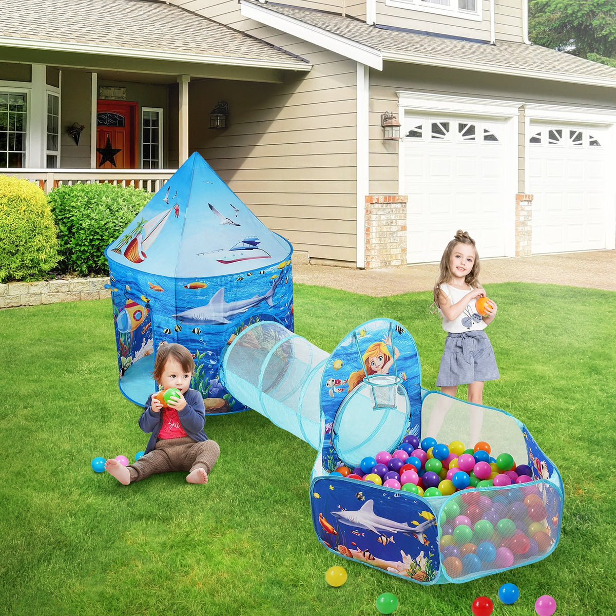 Kids Play Tent | 3-in-1 Tunnel & Playhouse with Basketball Hoop | Ocean Theme Indoor/Outdoor Set