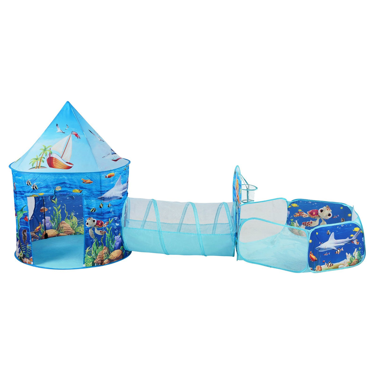 Kids Play Tent | 3-in-1 Tunnel & Playhouse with Basketball Hoop | Ocean Theme Indoor/Outdoor Set