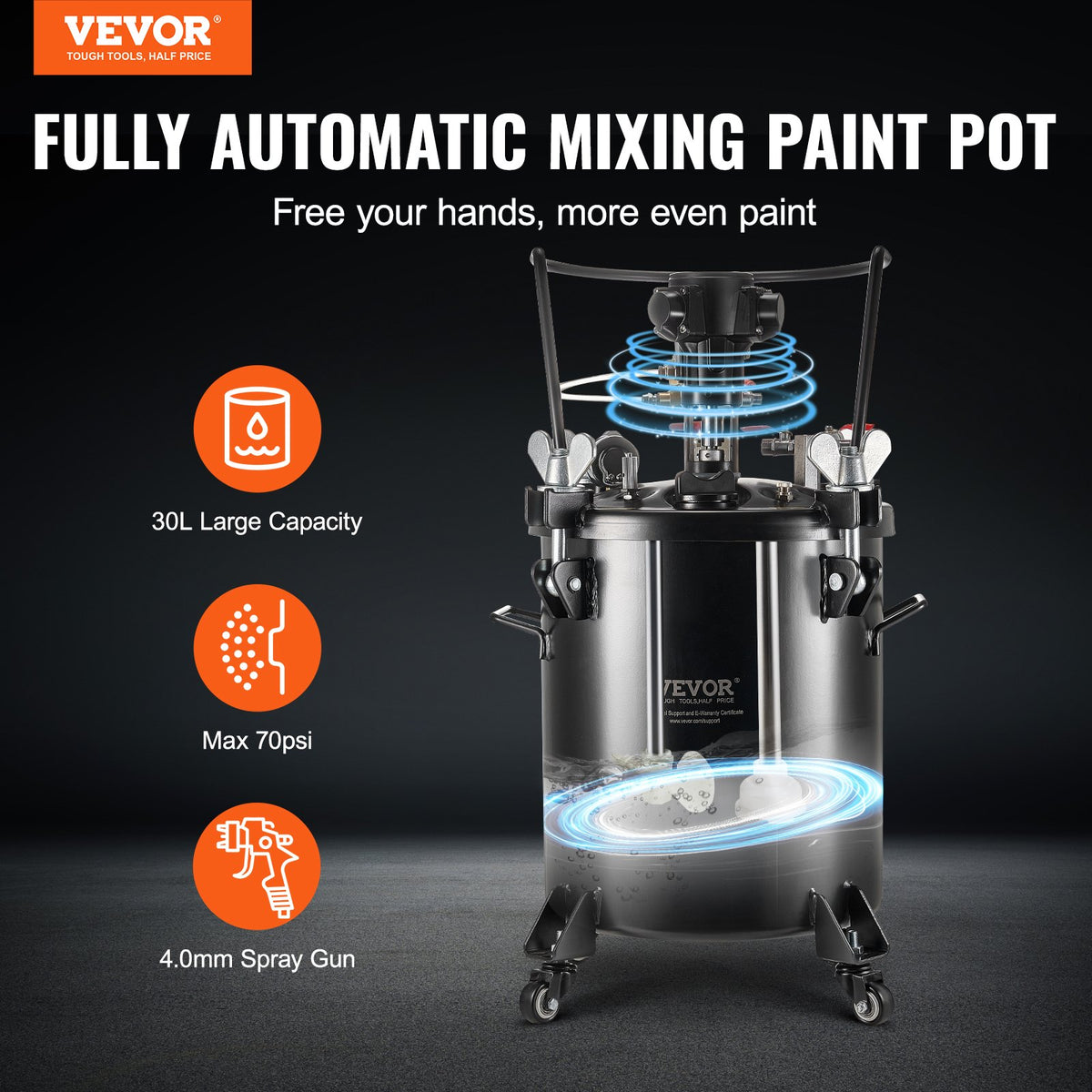 Paint Pressure Pot | 30L/7.5gal Tank with Automatic Stirring | 70 PSI