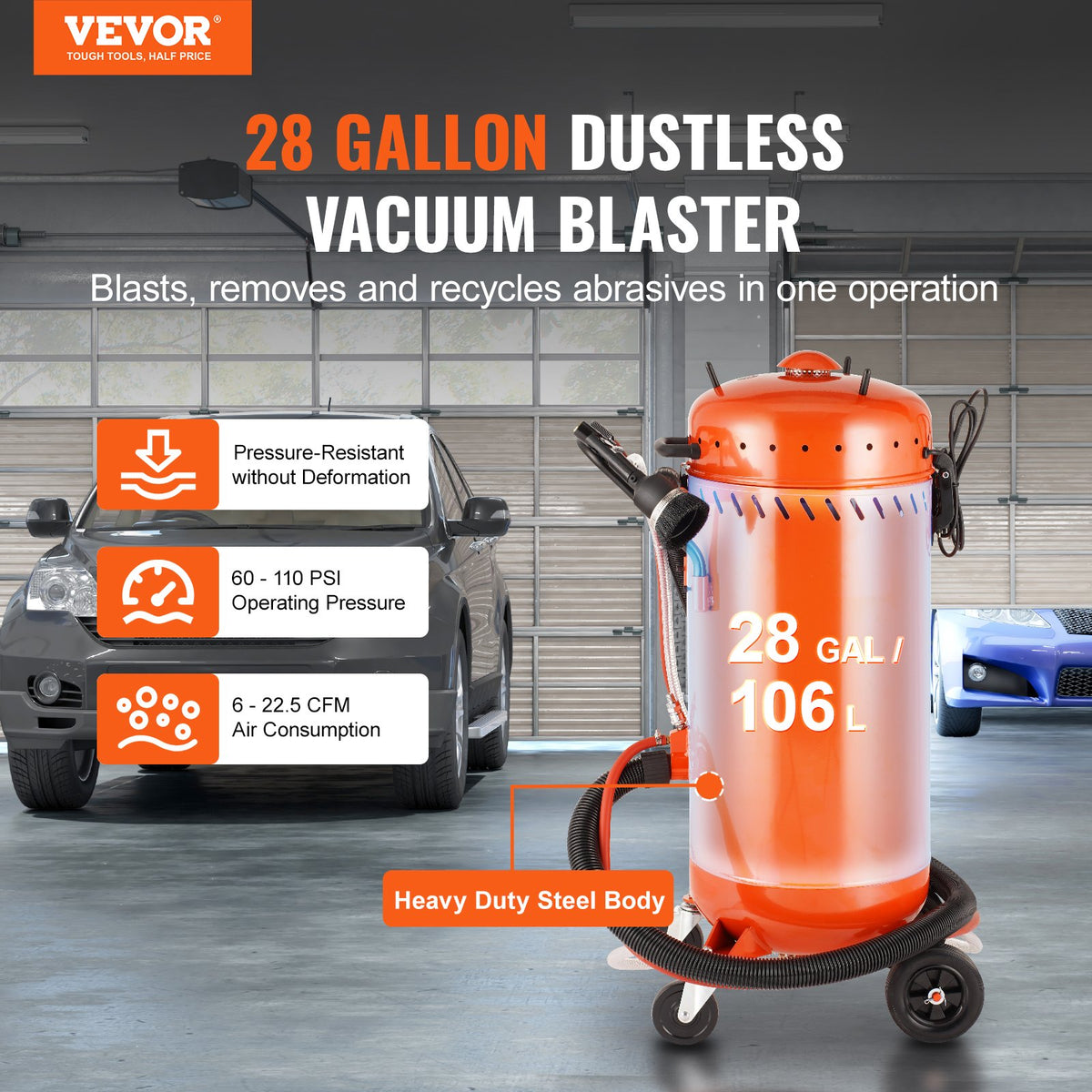 Vacuum Sand Blaster 28 Gal | Dustless with Built-in Vacuum System | 60–110 PSI