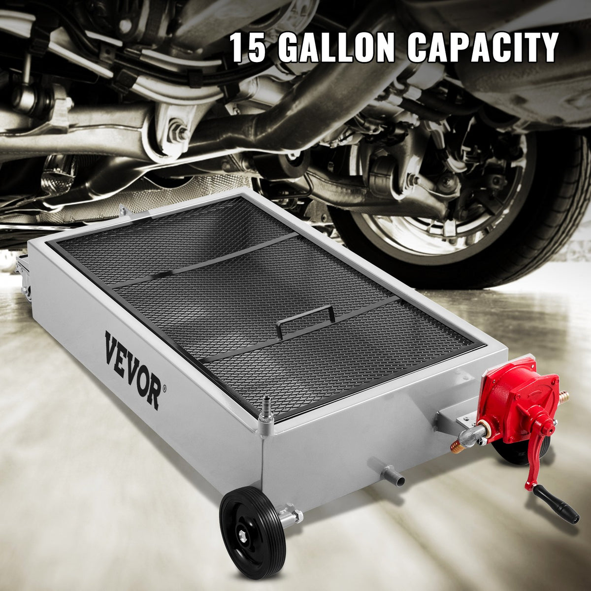 Oil Drain Pan | 57L Low-Profile Truck Pan with Pump & Casters