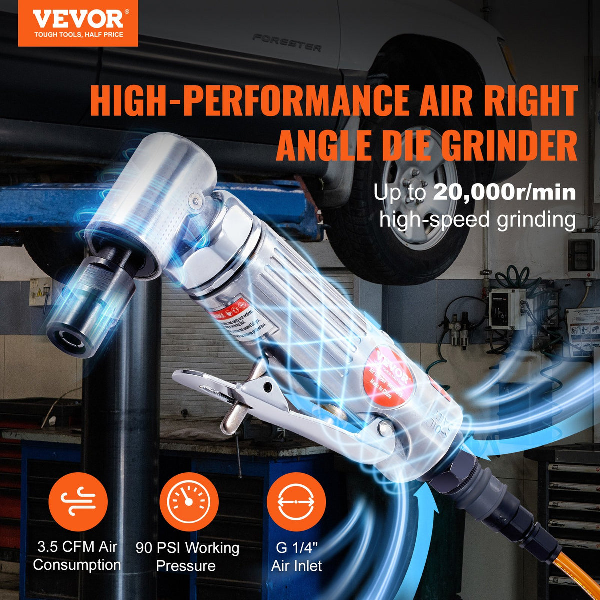 Air Angle Die Grinder 1/4" | Right Angle 90° Pneumatic Grinder | 20000RPM | Includes 24 Grinding & Polishing Discs