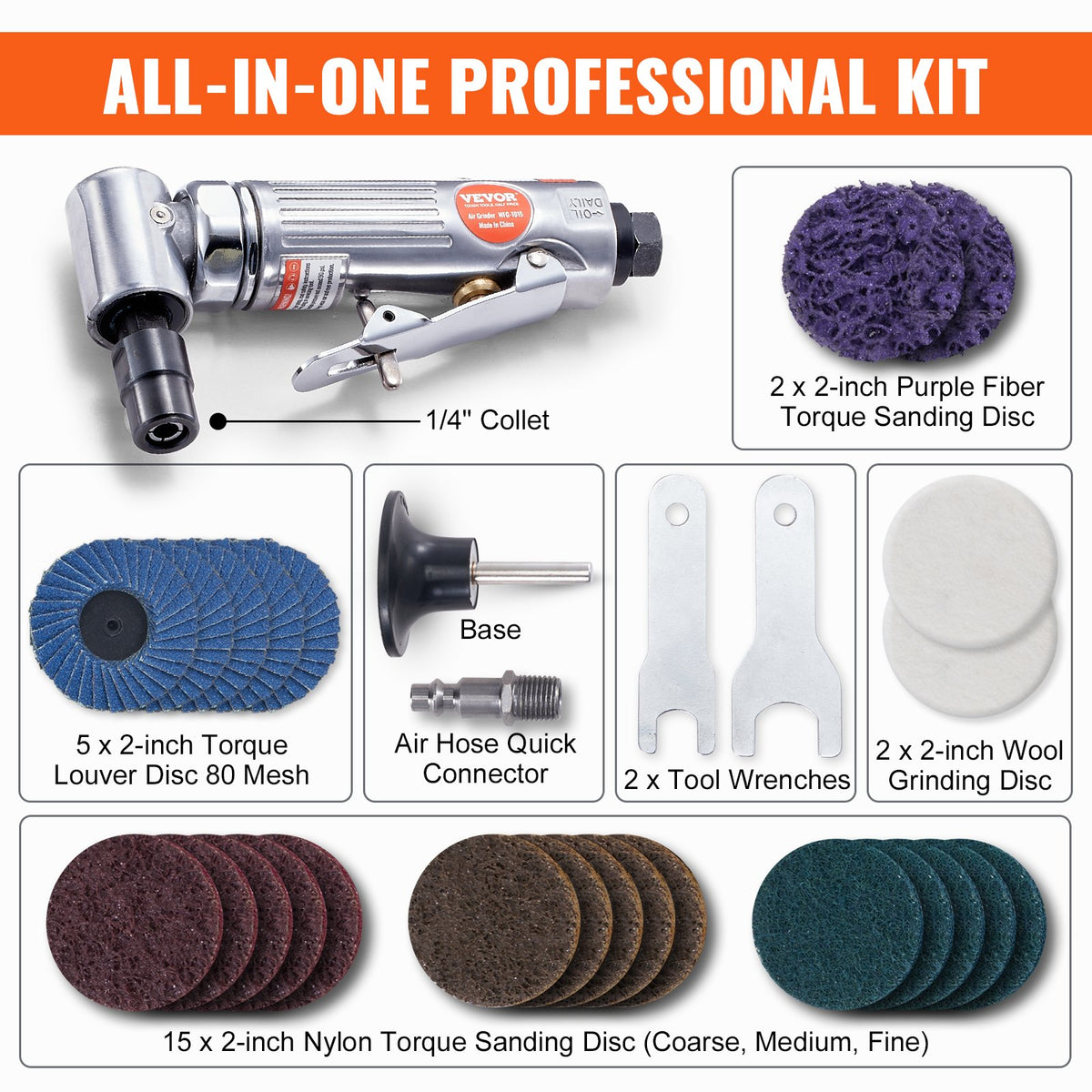 Air Angle Die Grinder 1/4" | Right Angle 90° Pneumatic Grinder | 20000RPM | Includes 24 Grinding & Polishing Discs