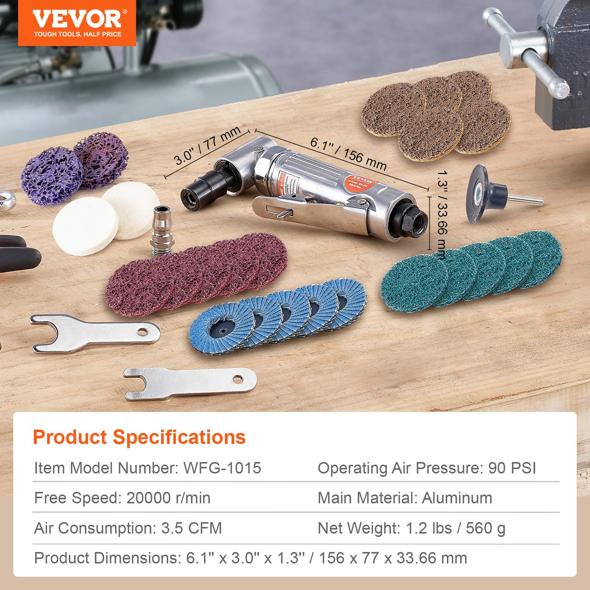 Air Angle Die Grinder 1/4" | Right Angle 90° Pneumatic Grinder | 20000RPM | Includes 24 Grinding & Polishing Discs