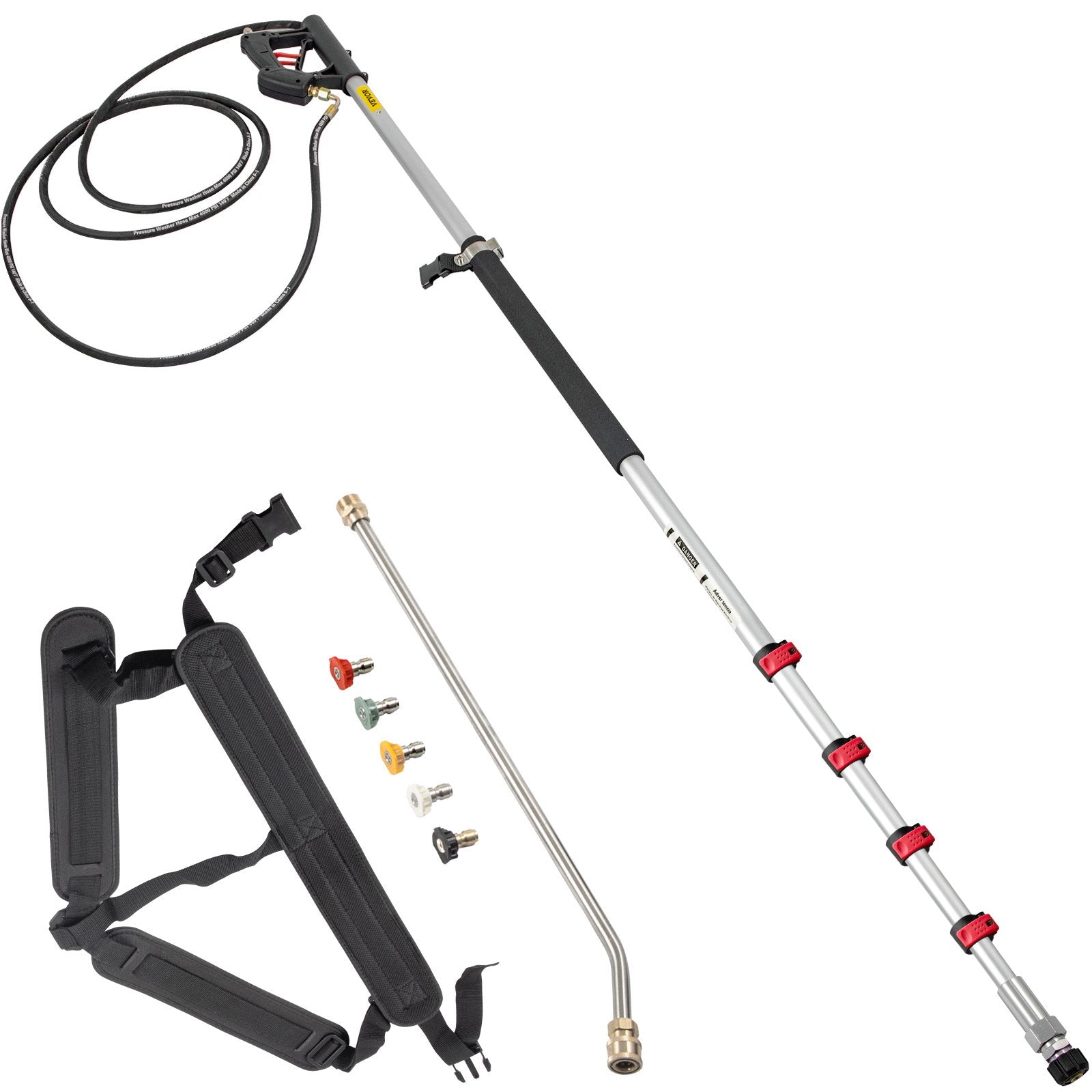Telescoping Pressure Washer Wand 20FT | 5-Section Adjustable Length | Max 4000 PSI | 3/8" Quick Connection | Includes 5 Nozzles & Belt | For Roof, Fence & Gutter Cleaning | Silver