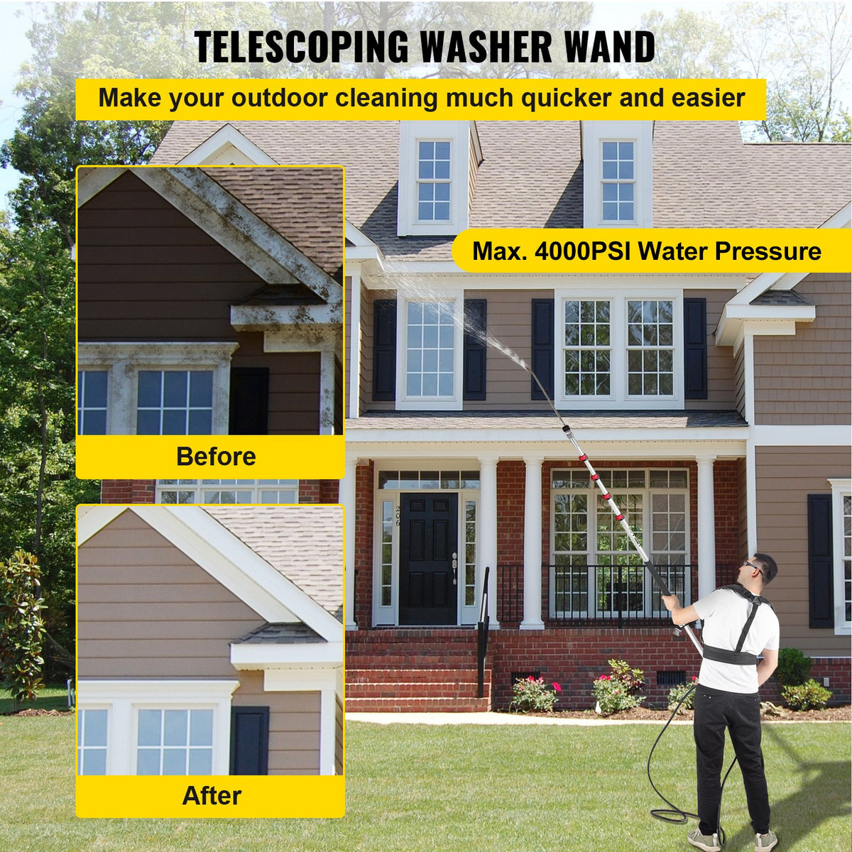 Telescoping Pressure Washer Wand 20FT | 5-Section Adjustable Length | Max 4000 PSI | 3/8" Quick Connection | Includes 5 Nozzles & Belt | For Roof, Fence & Gutter Cleaning | Silver