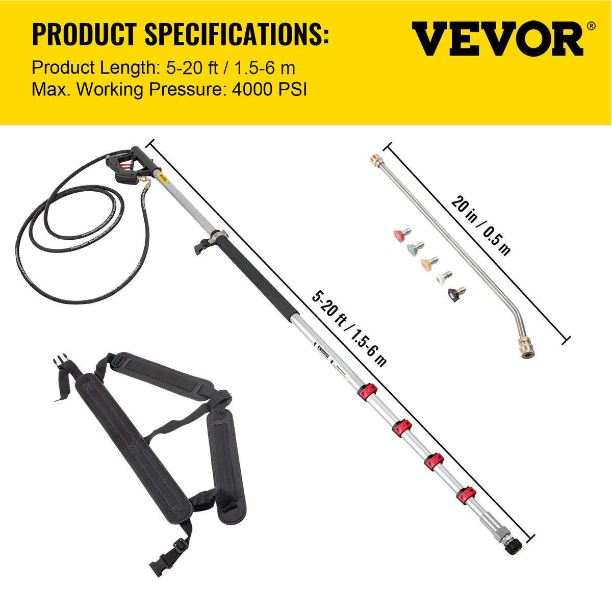 Telescoping Pressure Washer Wand 20FT | 5-Section Adjustable Length | Max 4000 PSI | 3/8" Quick Connection | Includes 5 Nozzles & Belt | For Roof, Fence & Gutter Cleaning | Silver