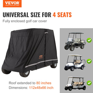 4 Passenger Golf Cart Cover | 600D Waterproof, Sunproof & Dustproof Polyester | Universal Fit with 3 Zipper Doors | Black