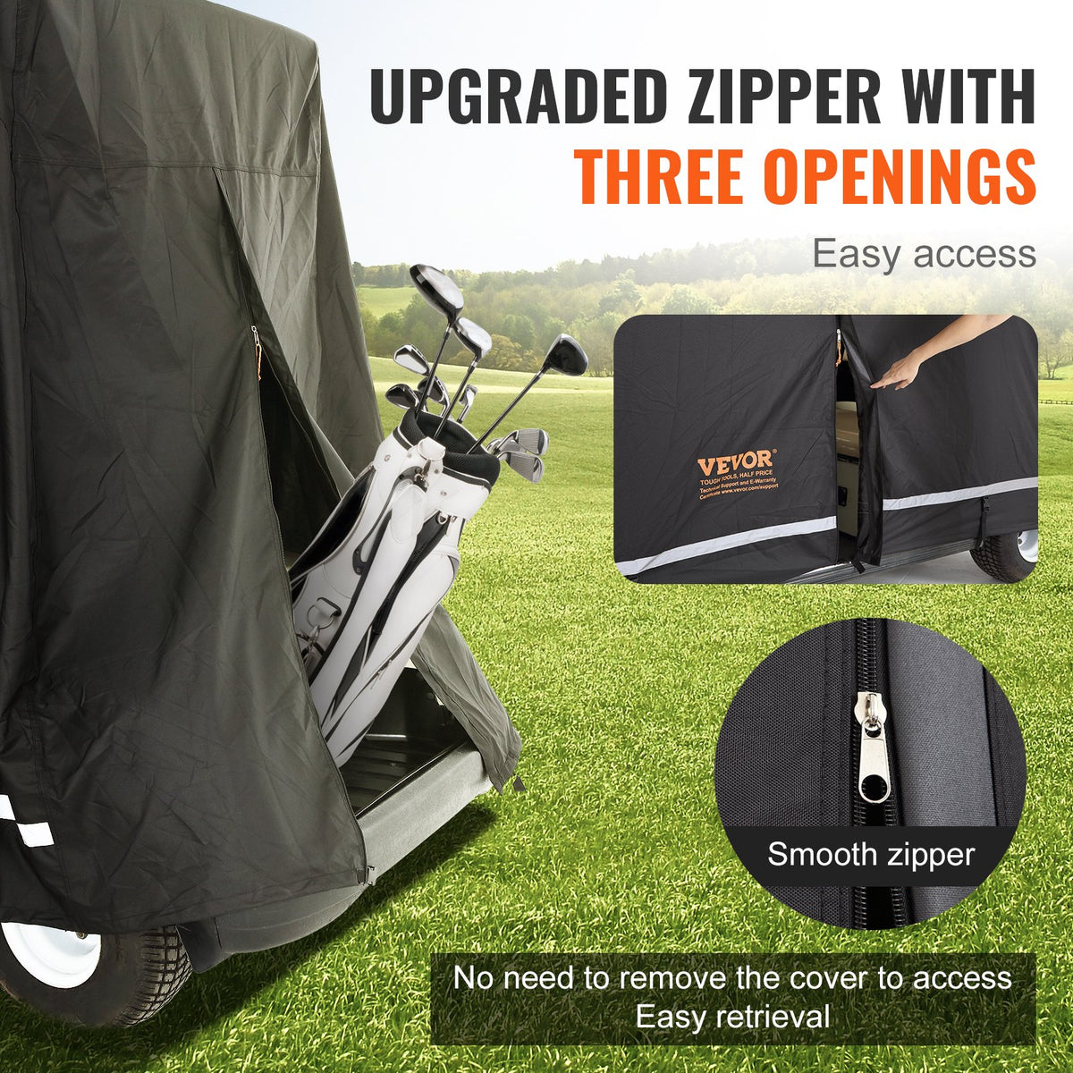 4 Passenger Golf Cart Cover | 600D Waterproof, Sunproof & Dustproof Polyester | Universal Fit with 3 Zipper Doors | Black