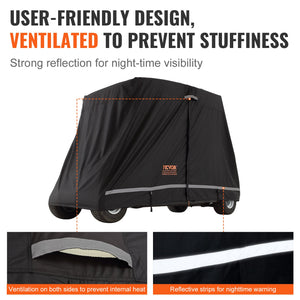 4 Passenger Golf Cart Cover | 600D Waterproof, Sunproof & Dustproof Polyester | Universal Fit with 3 Zipper Doors | Black