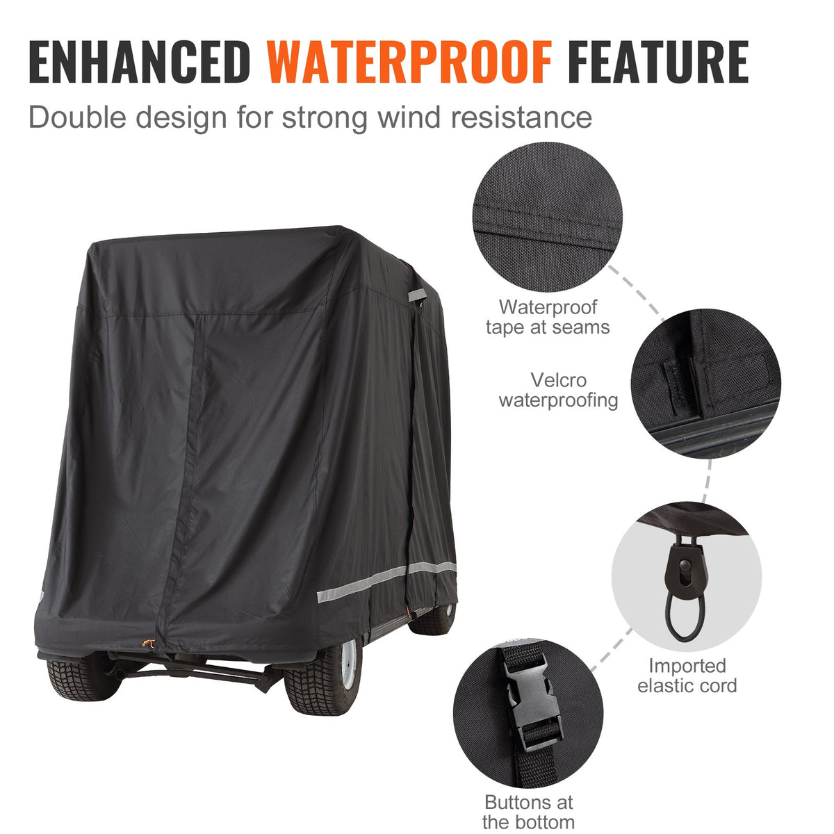 4 Passenger Golf Cart Cover | 600D Waterproof, Sunproof & Dustproof Polyester | Universal Fit with 3 Zipper Doors | Black