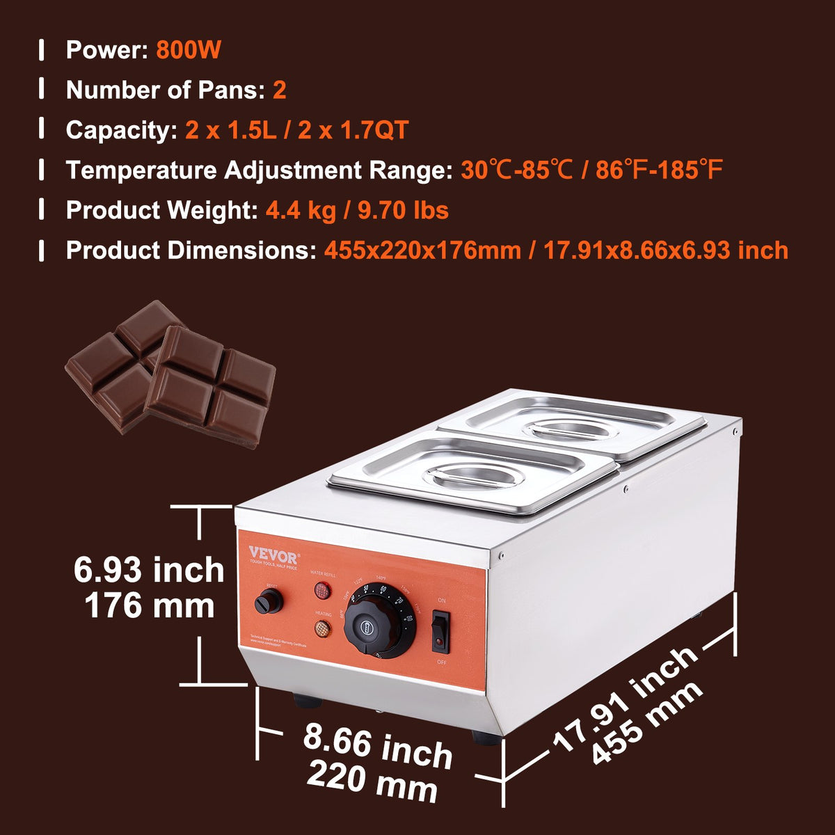 Chocolate Tempering Machine | Dual Tank 800W Stainless Steel Melter with Temperature Control