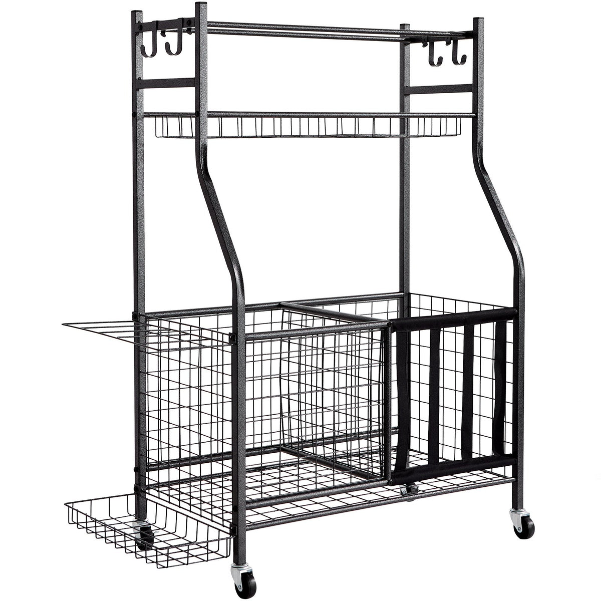 Sports Equipment Organizer | Rolling Ball Storage Rack with Baskets & Hooks | Indoor/Outdoor Steel Cart