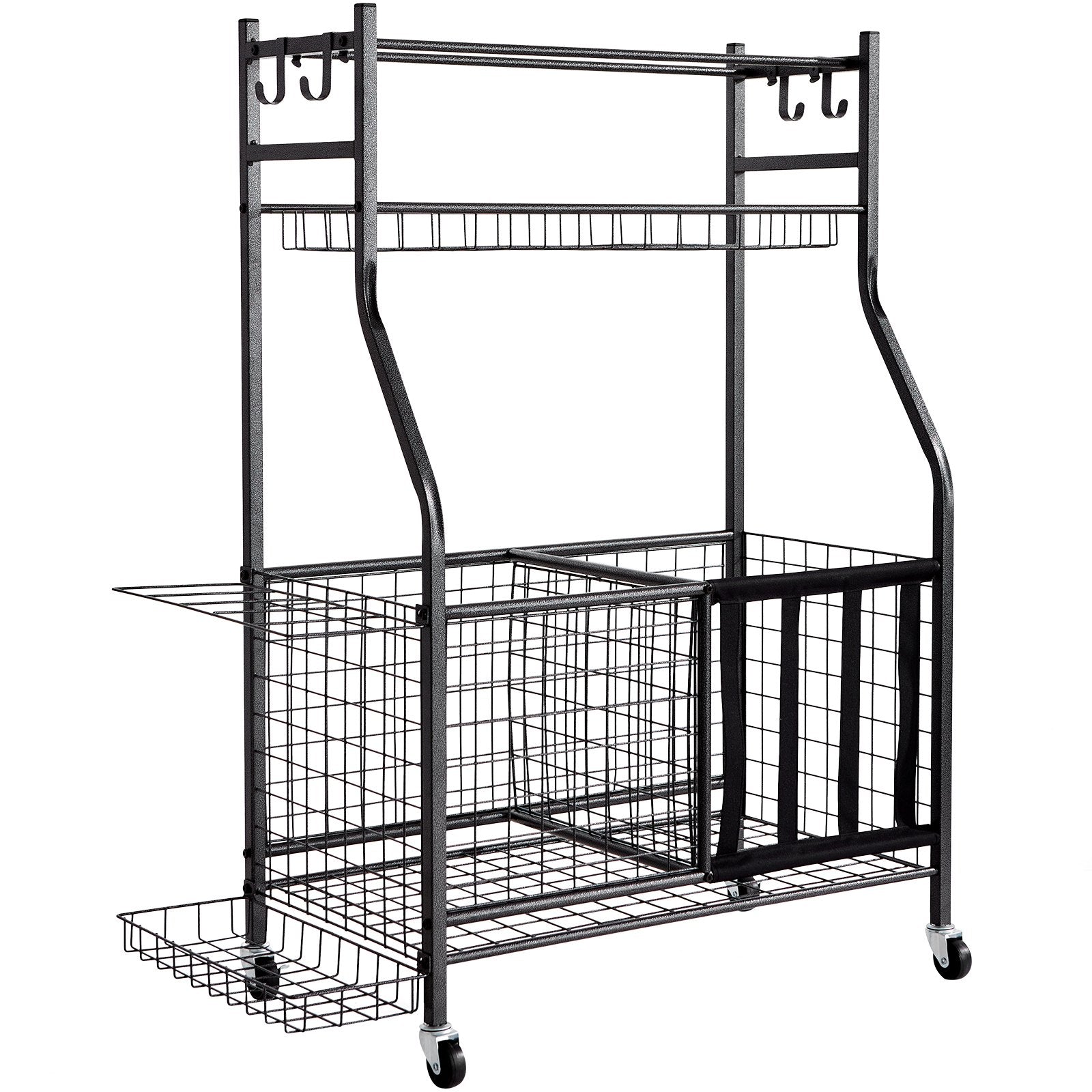 Sports Equipment Organizer | Rolling Ball Storage Rack with Baskets & Hooks | Indoor/Outdoor Steel Cart