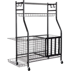 Sports Equipment Organizer | Rolling Ball Storage Rack with Baskets & Hooks | Indoor/Outdoor Steel Cart