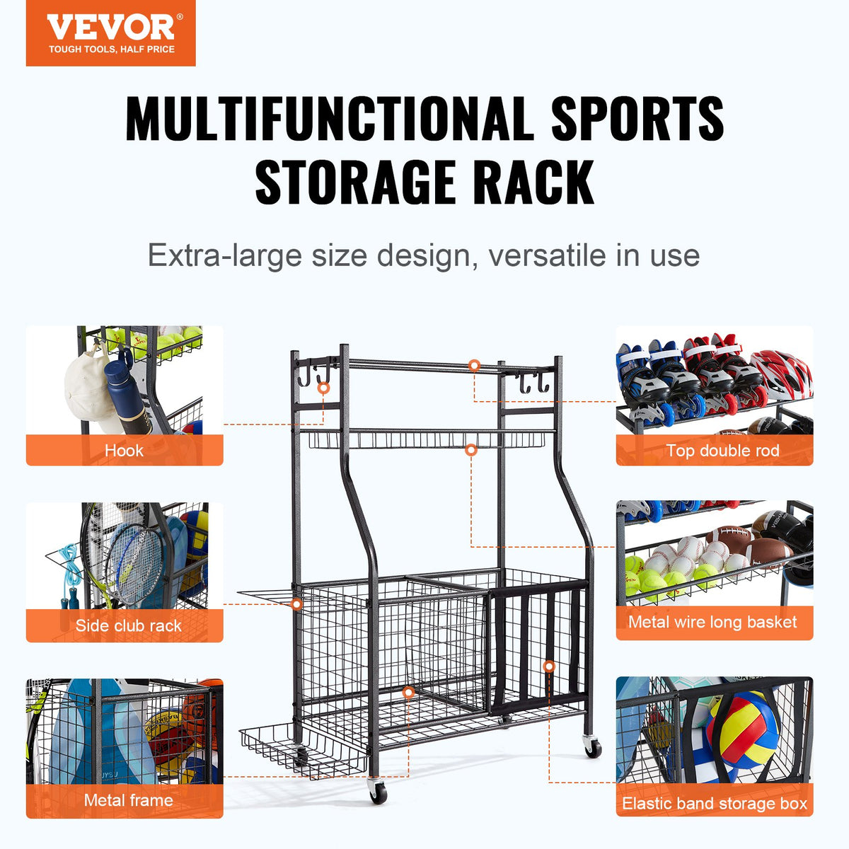 Sports Equipment Organizer | Rolling Ball Storage Rack with Baskets & Hooks | Indoor/Outdoor Steel Cart