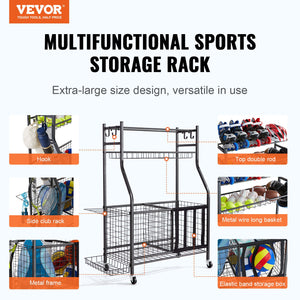 Sports Equipment Organizer | Rolling Ball Storage Rack with Baskets & Hooks | Indoor/Outdoor Steel Cart