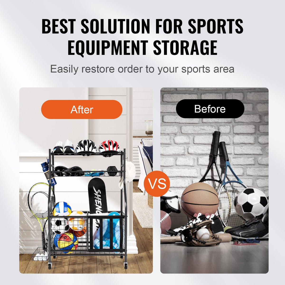 Sports Equipment Organizer | Rolling Ball Storage Rack with Baskets & Hooks | Indoor/Outdoor Steel Cart