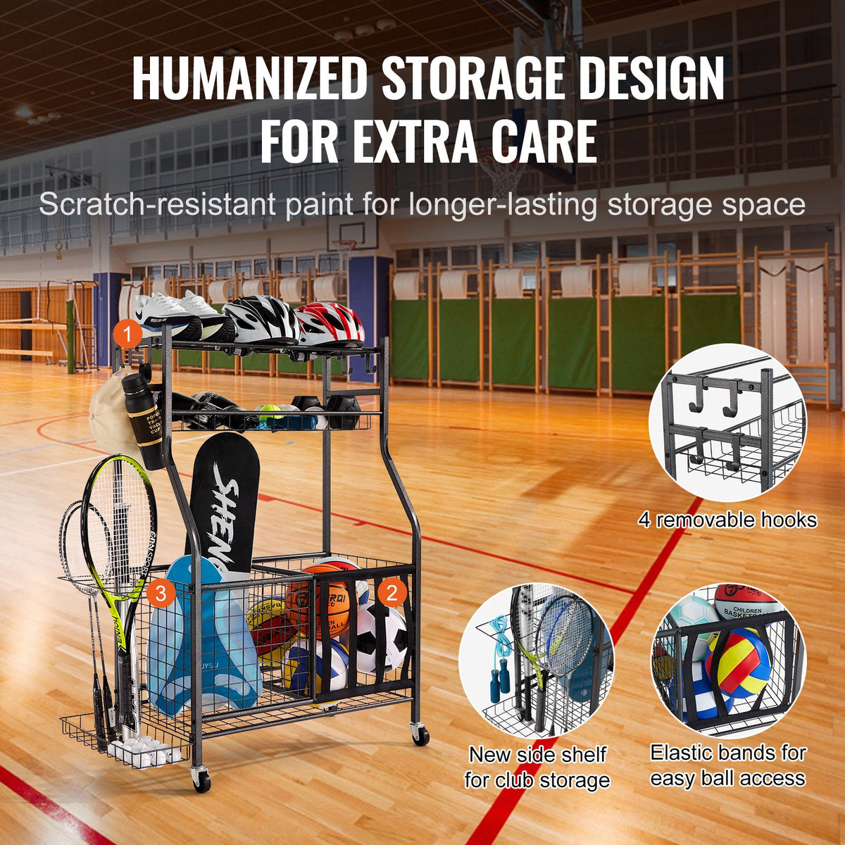 Sports Equipment Organizer | Rolling Ball Storage Rack with Baskets & Hooks | Indoor/Outdoor Steel Cart