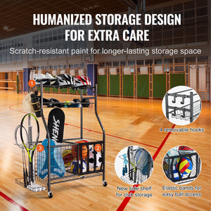 Sports Equipment Organizer | Rolling Ball Storage Rack with Baskets & Hooks | Indoor/Outdoor Steel Cart