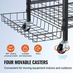 Sports Equipment Organizer | Rolling Ball Storage Rack with Baskets & Hooks | Indoor/Outdoor Steel Cart