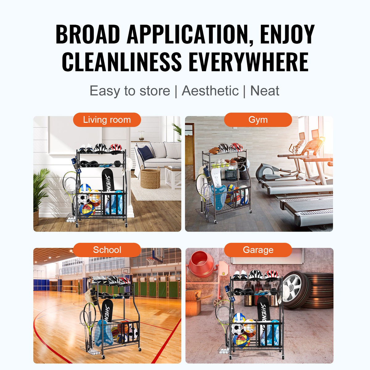 Sports Equipment Organizer | Rolling Ball Storage Rack with Baskets & Hooks | Indoor/Outdoor Steel Cart