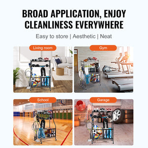 Sports Equipment Organizer | Rolling Ball Storage Rack with Baskets & Hooks | Indoor/Outdoor Steel Cart