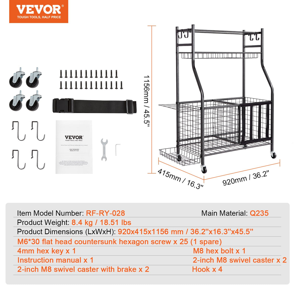 Sports Equipment Organizer | Rolling Ball Storage Rack with Baskets & Hooks | Indoor/Outdoor Steel Cart
