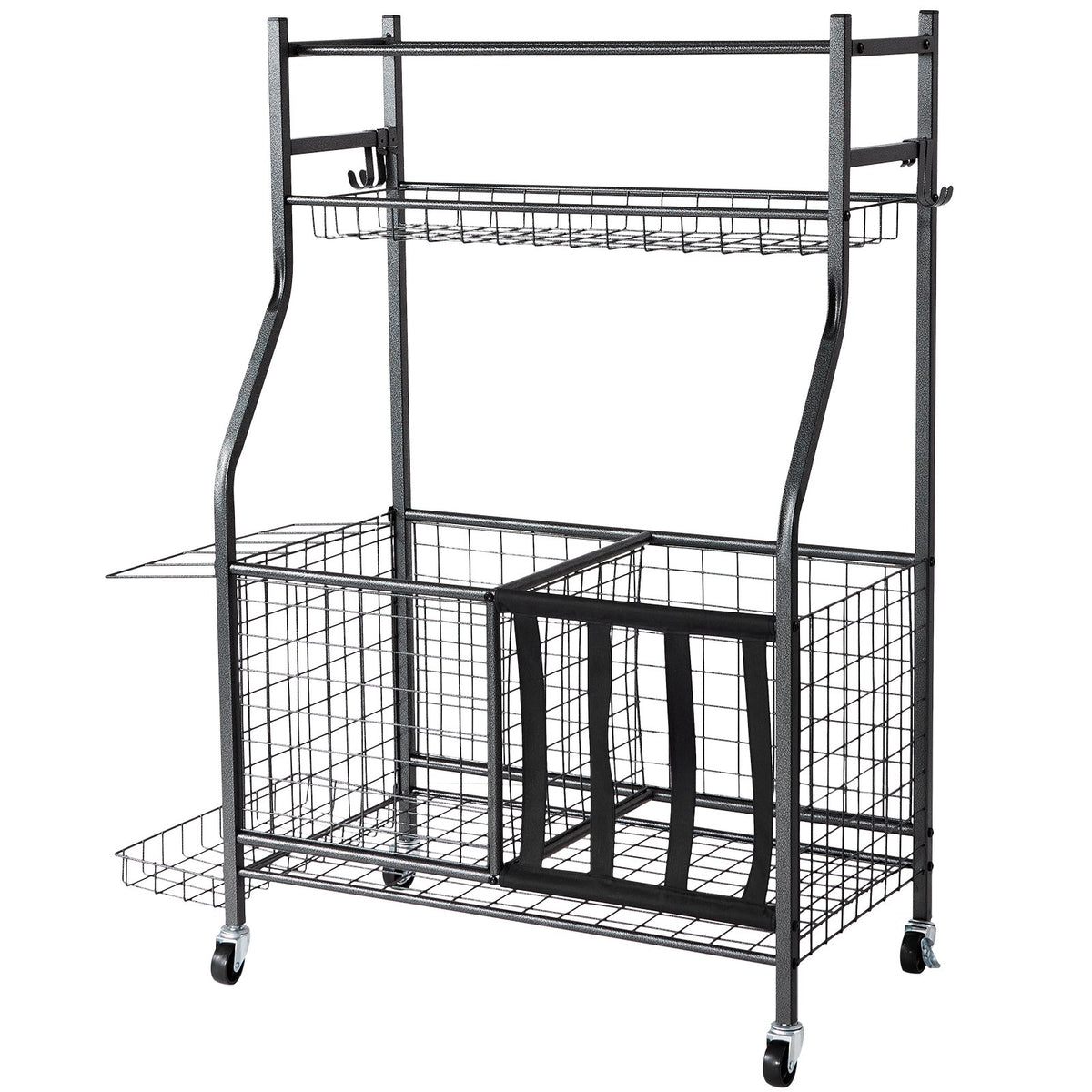 Sports Equipment Organizer | Rolling Ball Storage Rack with Baskets & Hooks | Indoor/Outdoor Steel Cart