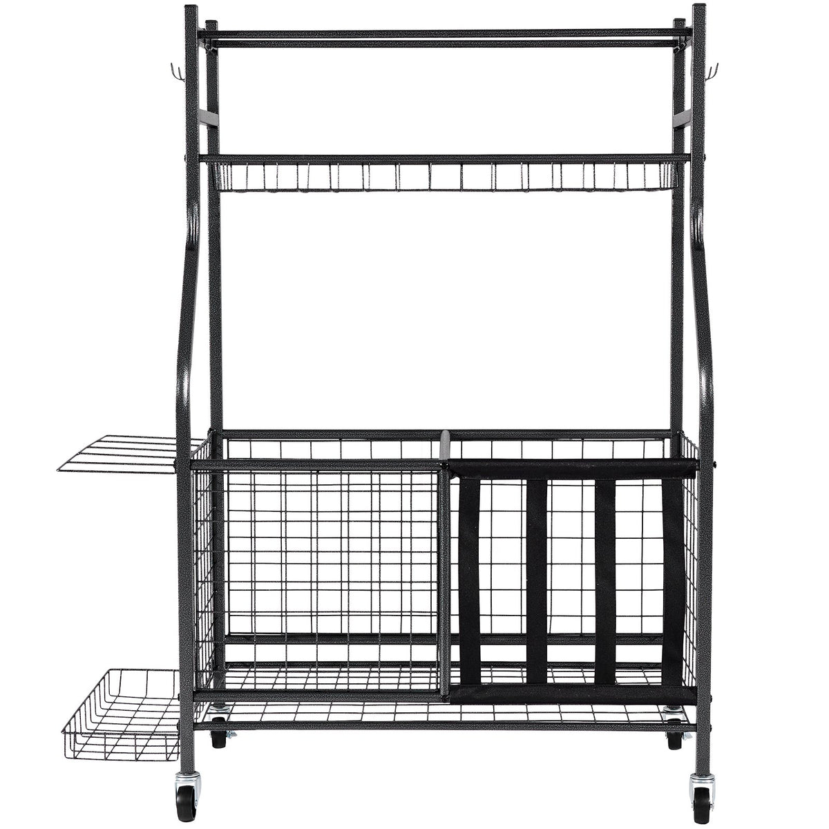 Sports Equipment Organizer | Rolling Ball Storage Rack with Baskets & Hooks | Indoor/Outdoor Steel Cart