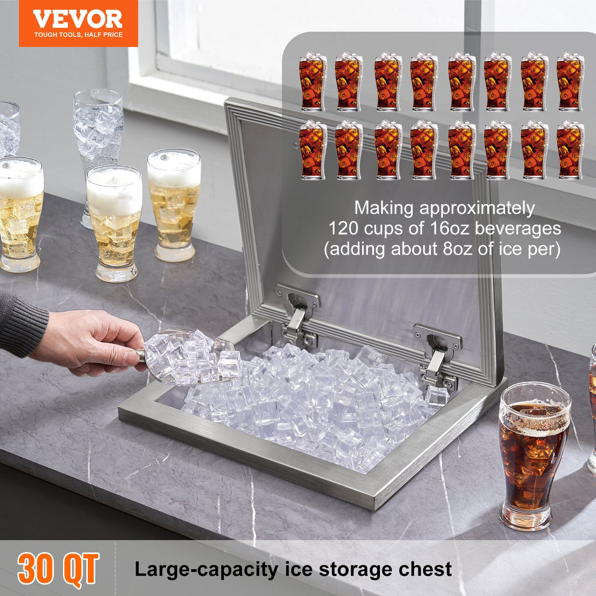 Drop-In Ice Chest 14"x12"x18" | Stainless Steel 40qt Outdoor Kitchen Ice Bin with Hinged Cover & Drain