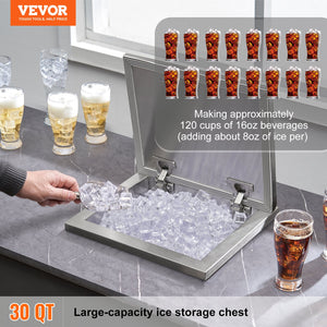 Drop-In Ice Chest 14"x12"x18" | Stainless Steel 40qt Outdoor Kitchen Ice Bin with Hinged Cover & Drain