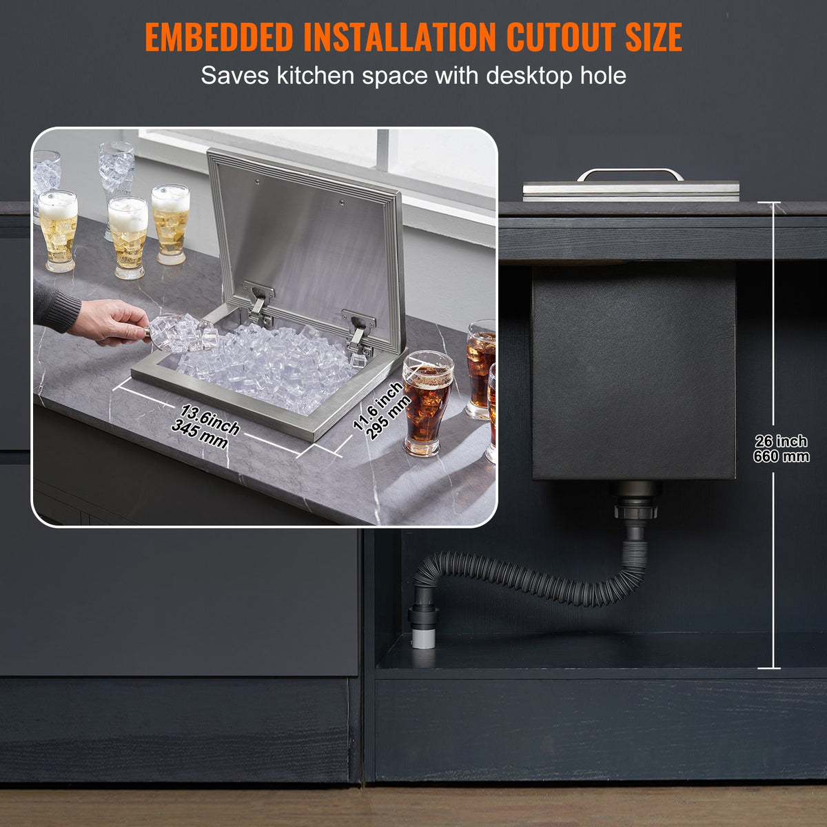 Drop-In Ice Chest 14"x12"x18" | Stainless Steel 40qt Outdoor Kitchen Ice Bin with Hinged Cover & Drain