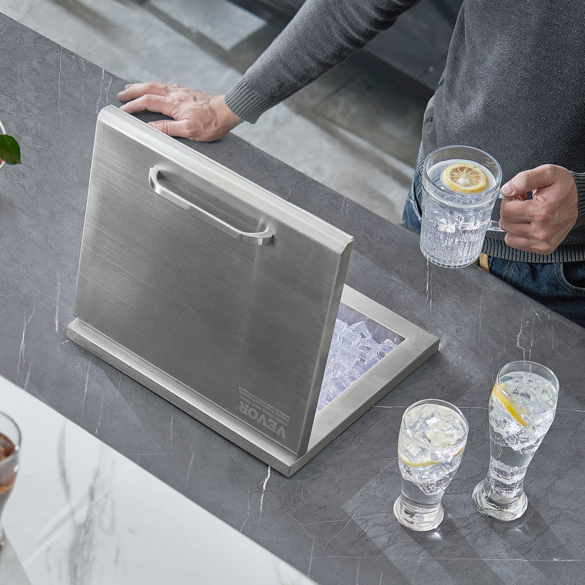 Drop-In Ice Chest 14"x12"x18" | Stainless Steel 40qt Outdoor Kitchen Ice Bin with Hinged Cover & Drain