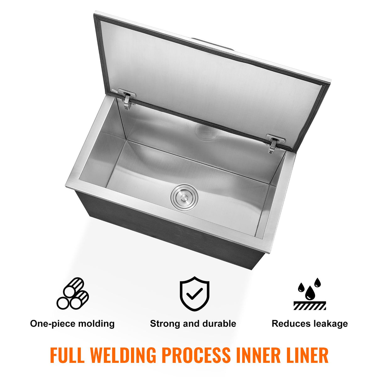 Drop-In Ice Chest 24"x20"x15" | Stainless Steel 40qt Cooler Bin with Hinged Lid & Drain