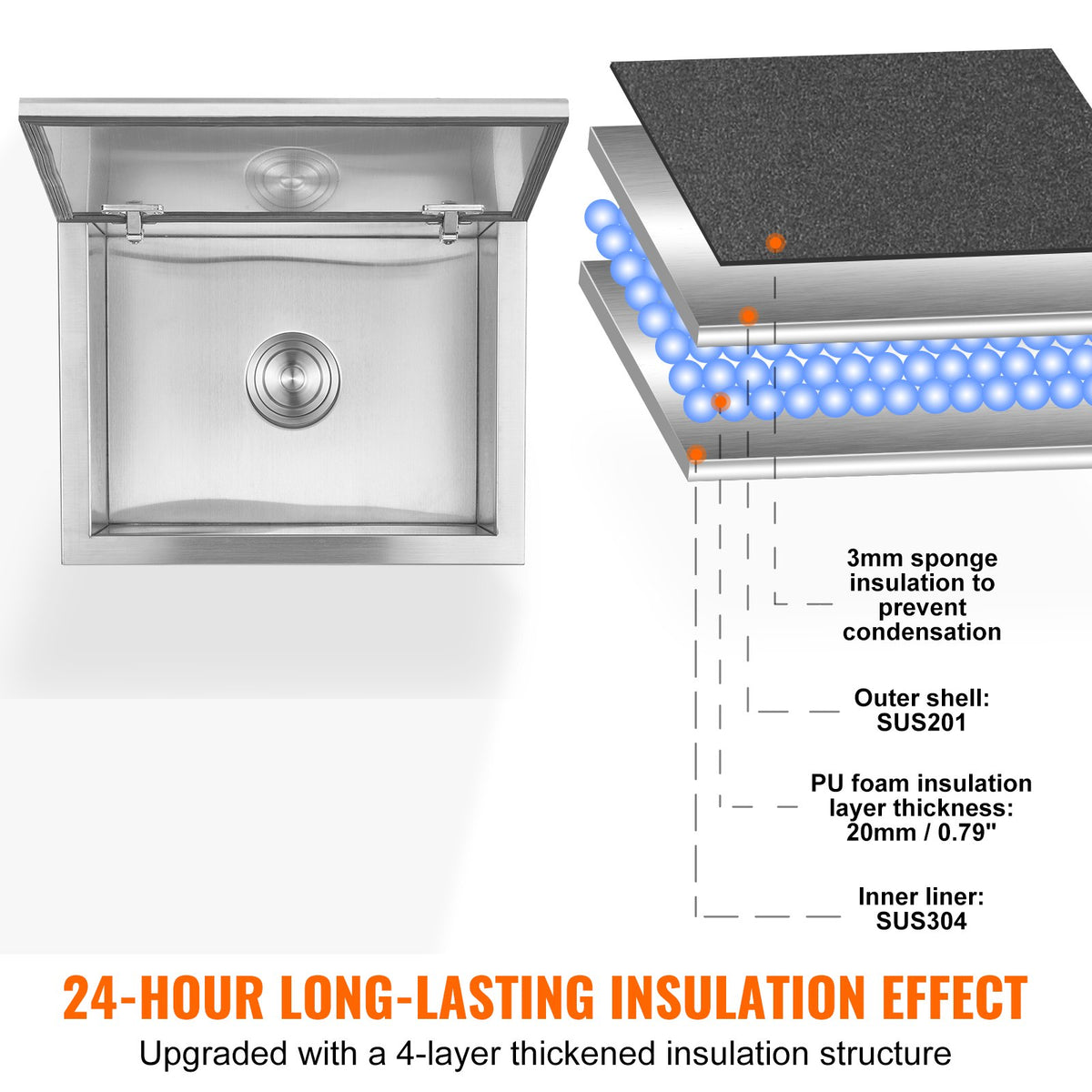Drop-In Ice Chest 20"x16"x13" | Stainless Steel 40qt Outdoor Kitchen Ice Bin with Hinged Cover & Drain