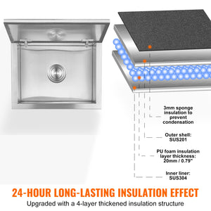 Drop-In Ice Chest 20"x16"x13" | Stainless Steel 40qt Outdoor Kitchen Ice Bin with Hinged Cover & Drain