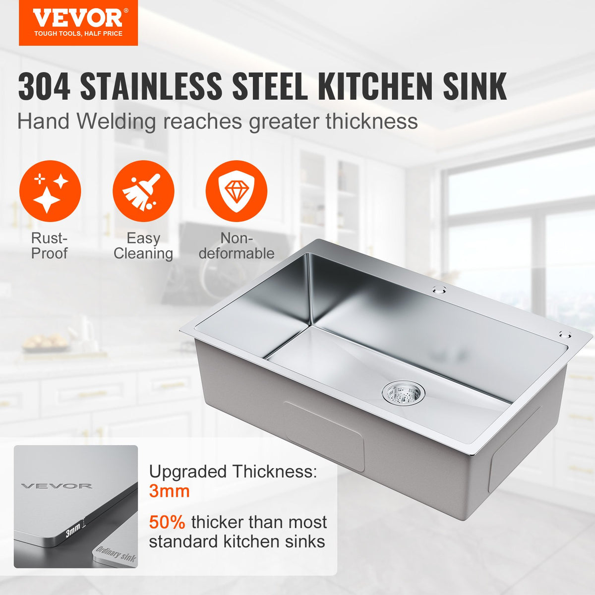 Kitchen Sink 33 Inch 3 Pack | 304 Stainless Steel Drop-In Single Bowl Sinks with Accessories | For Workstation, RV & Bar