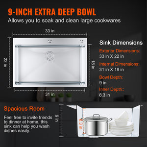 Kitchen Sink 33 Inch 3 Pack | 304 Stainless Steel Drop-In Single Bowl Sinks with Accessories | For Workstation, RV & Bar