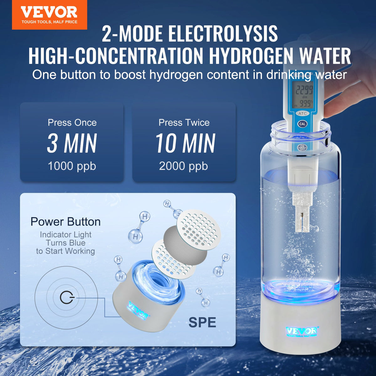 Hydrogen Water Bottle Generator 380ml | SPE Technology Hydrogen Rich Water Maker | Portable Ionizer with Nasal Inhalation Tube & Self-Cleaning