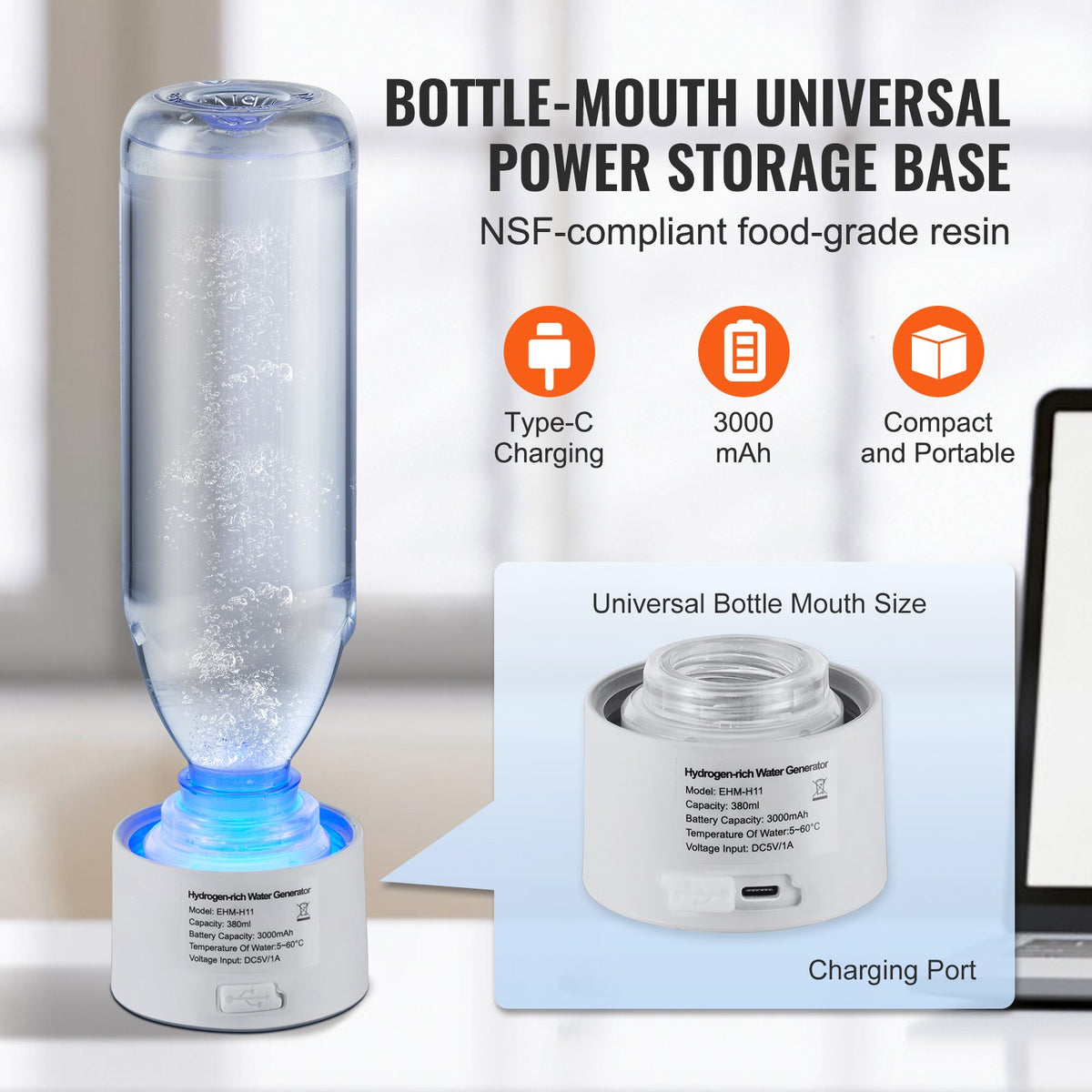 Hydrogen Water Bottle Generator 380ml | SPE Technology Hydrogen Rich Water Maker | Portable Ionizer with Nasal Inhalation Tube & Self-Cleaning