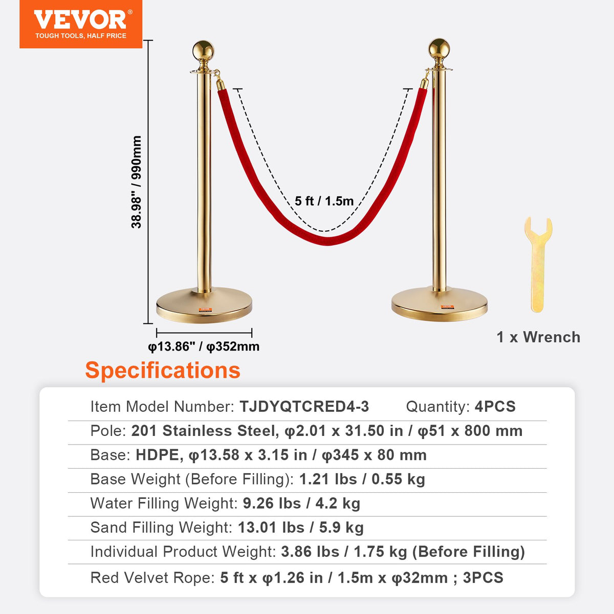 Crowd Control Stanchions 4 Pack | Stainless Steel Posts with 3 x 5FT Red Velvet Ropes | Queue Barriers for Weddings, Museums & Events