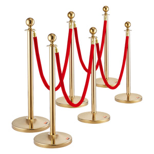 Stanchion Posts 6 Pack | Stainless Steel Queue Barrier with 4 Red Velvet Ropes | Fillable Base & Ball Top | For Weddings, Events & Museums