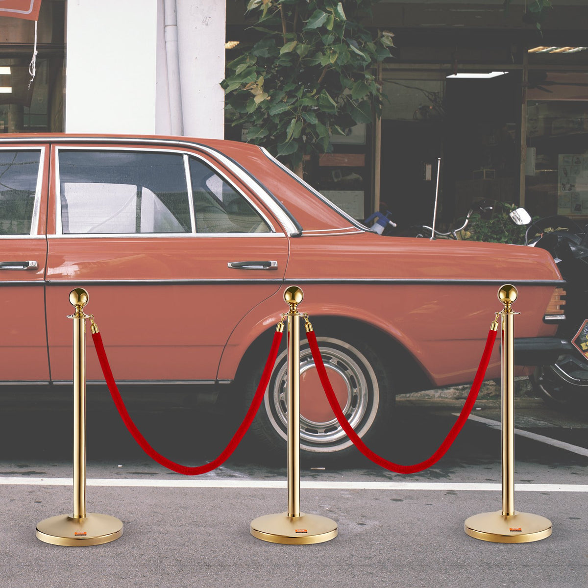 Stanchion Posts 6 Pack | Stainless Steel Queue Barrier with 4 Red Velvet Ropes | Fillable Base & Ball Top | For Weddings, Events & Museums
