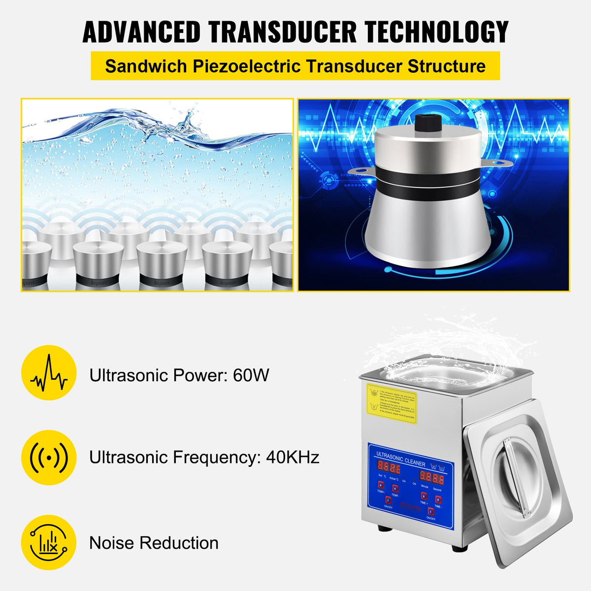 Ultrasonic Cleaner 1.3L | Heated Parts Cleaning Machine with Timer