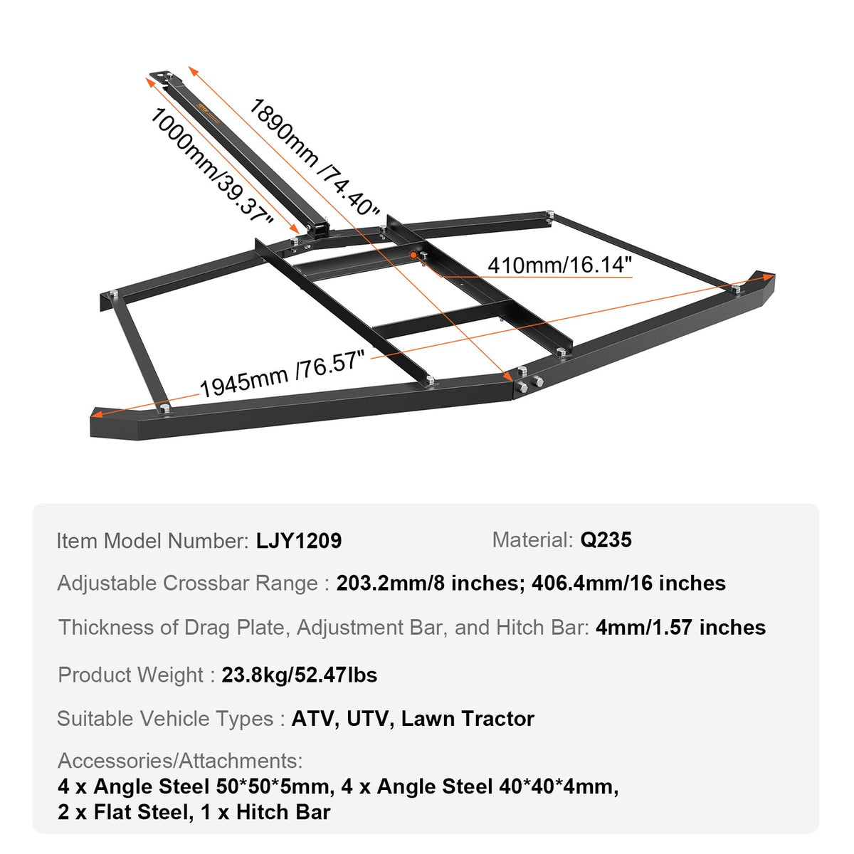 Driveway Drag Harrow 76.57" | Tow-Behind Q235 Steel Grader with Adjustable Bars | Fits ATVs, UTVs & Lawn Tractors | 50lbs Support Weight