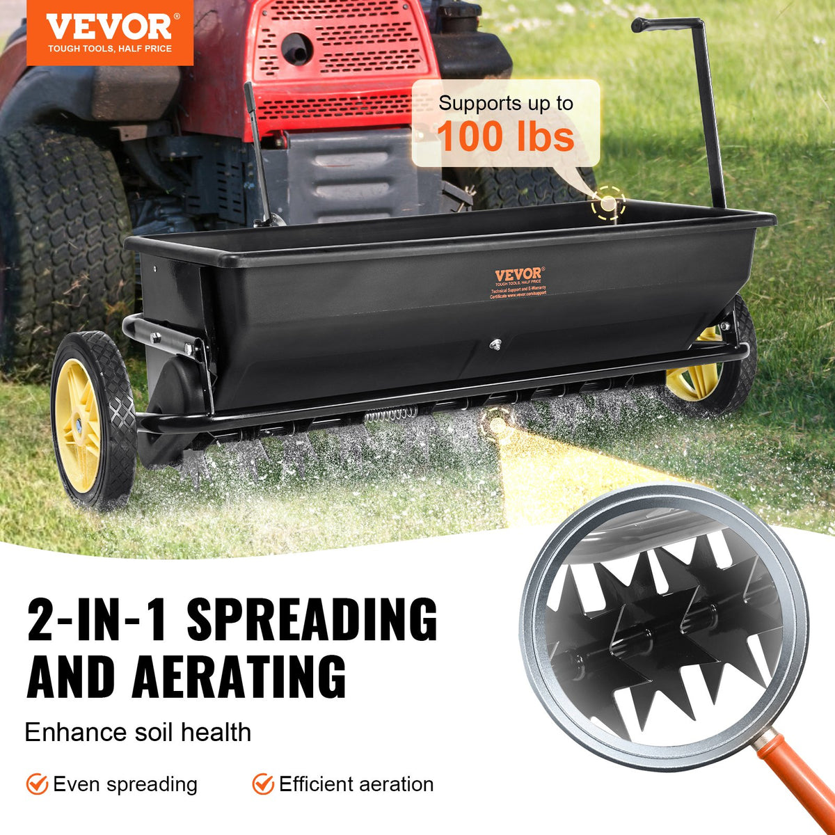 Broadcast Spreader 100LB | Tow-Behind Poly Drop Spreader with Aerator & Seeder