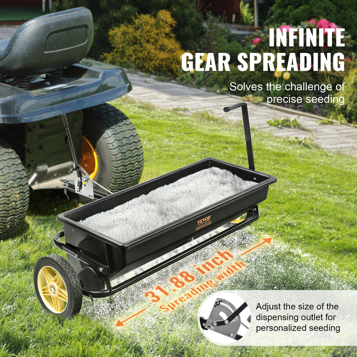 Broadcast Spreader 100LB | Tow-Behind Poly Drop Spreader with Aerator & Seeder